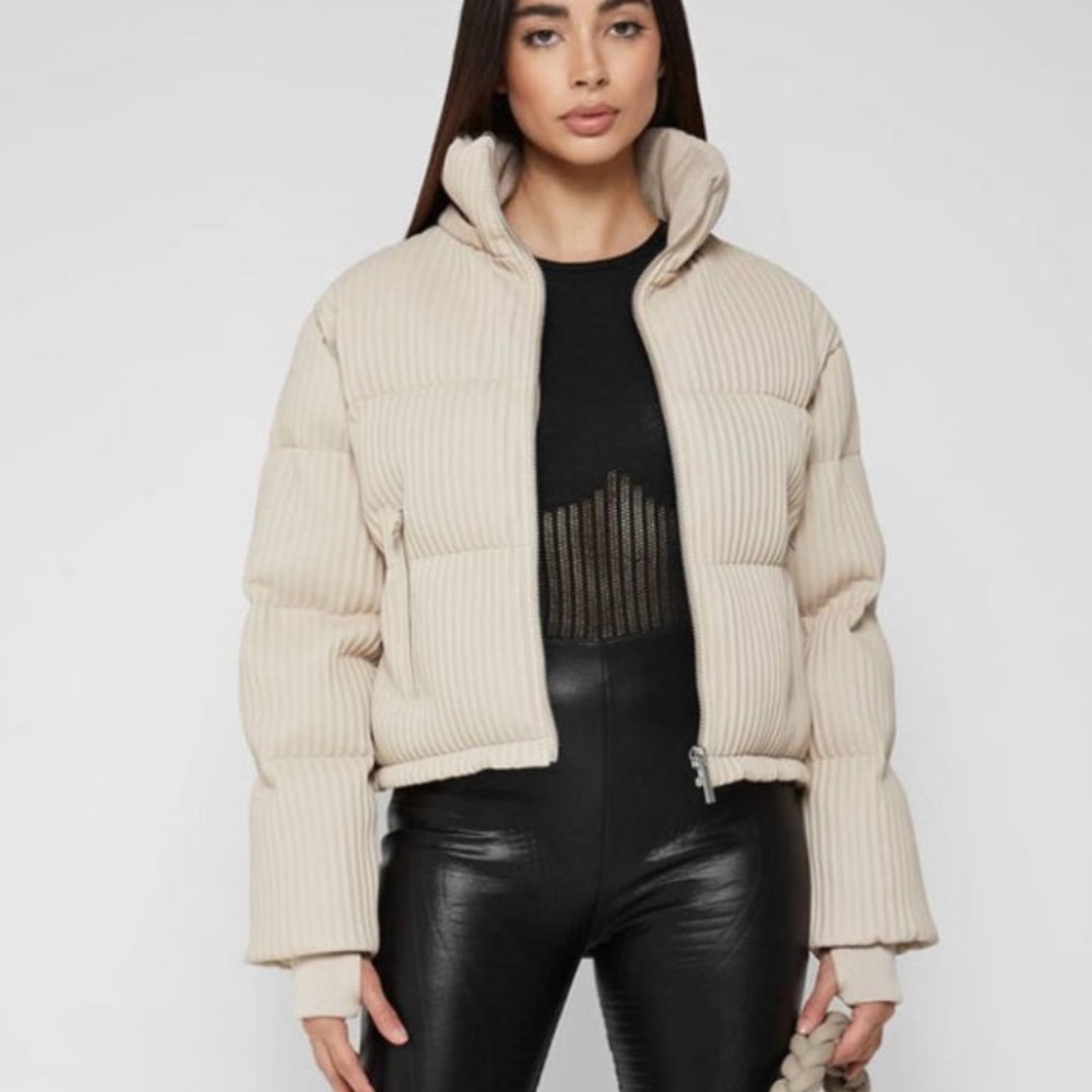 Maniere De Voir Beige Ribbed Vegan Leather Puffer Jacket